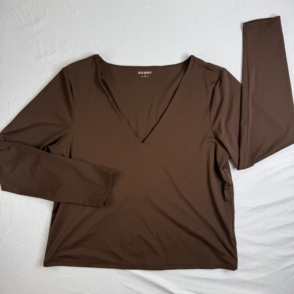 Old Navy Womens XL Brown V-Neck Long Sleeve Stretchy Top Solid Chocolate